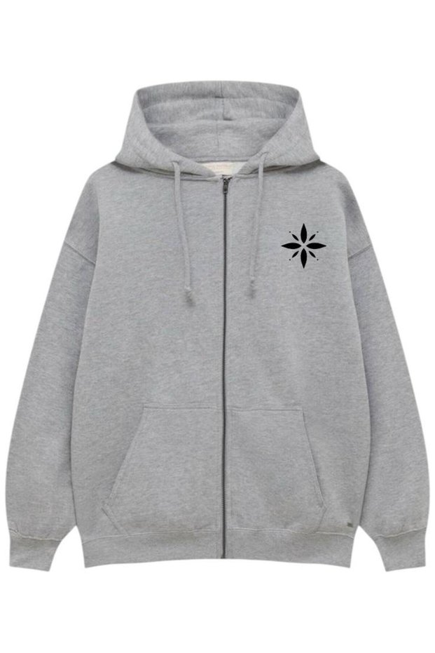 New Season Zippered 3-Ply Cotton Grey Printed Sweatshirt