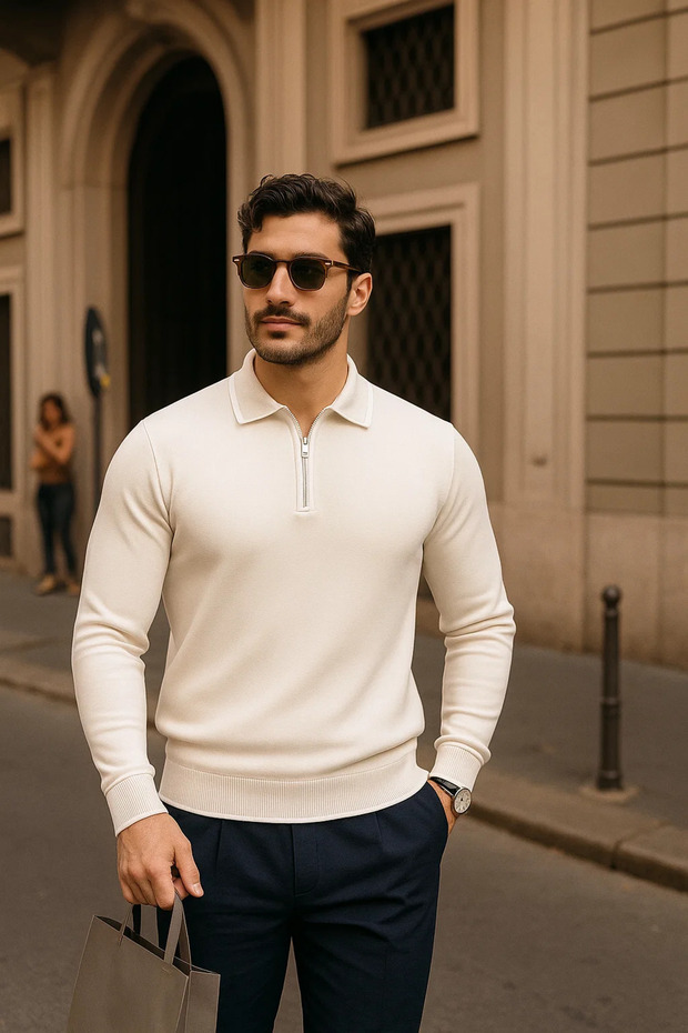 Men's Zippered Cream Long Sleeve Polo Neck Knitwear Sweater