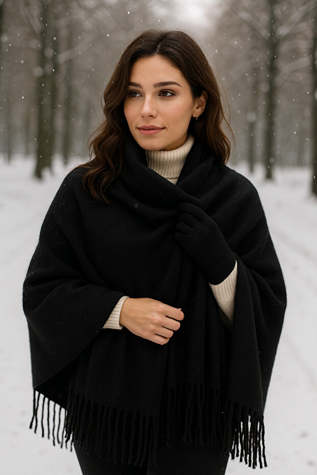 Black Tassel Scarf – Shawl and Wide Construction, Ideal for Cold Weather Sal1296