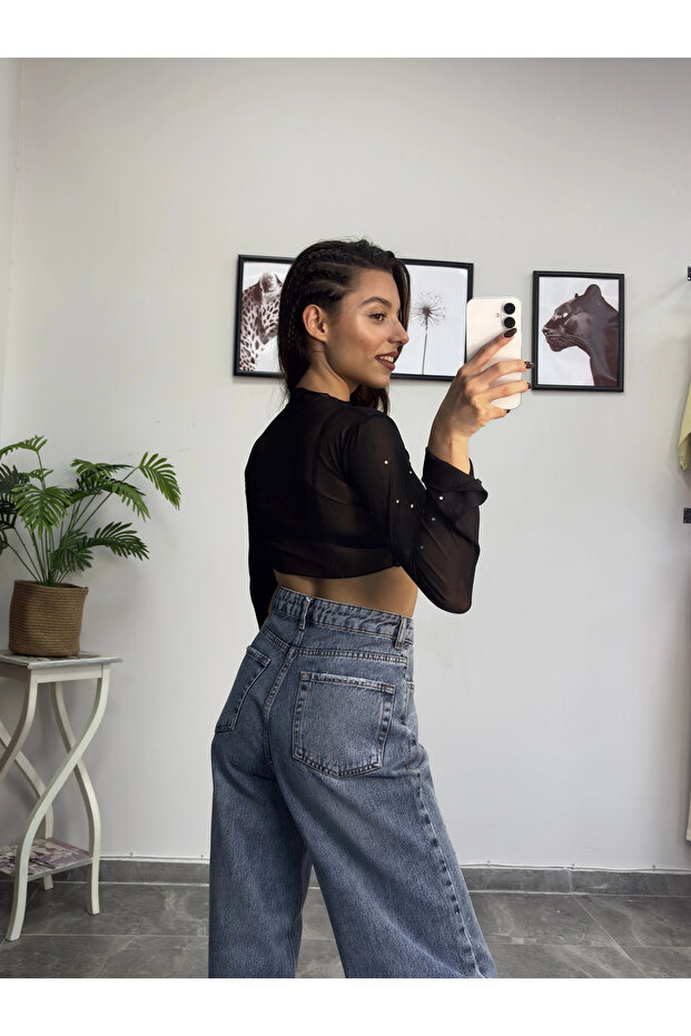 Taşlı İspanyol Kol Siyah Tül - 5