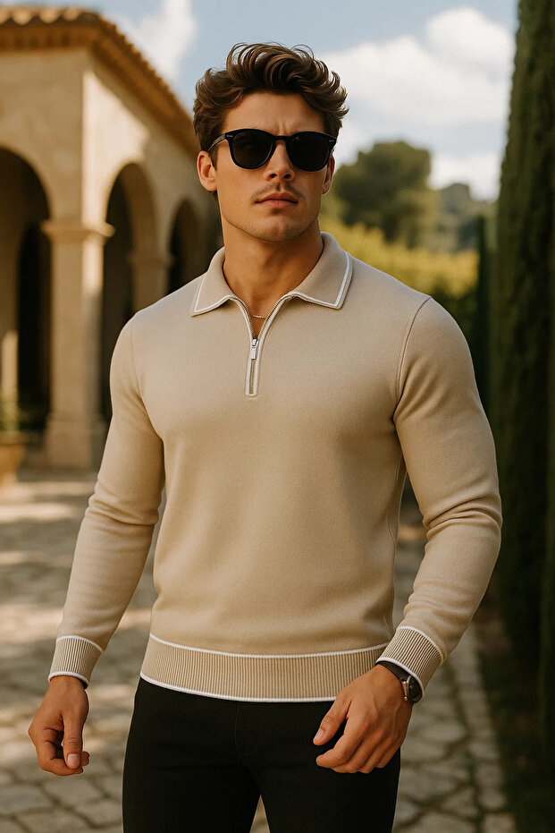 Men's Casual Zippered Beige Long Sleeve Polo Neck Knitwear