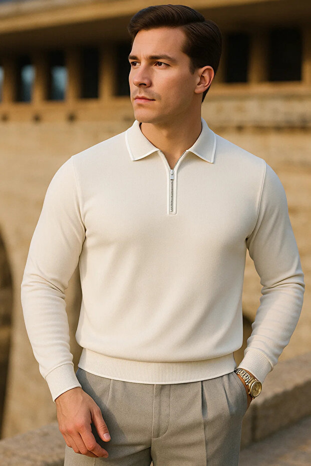 Men's Striped Trend Long Sleeve Cream Polo Neck Sweater