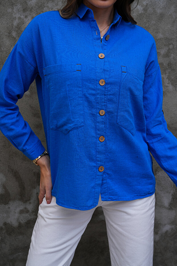 Wooden Buttoned Folding Sleeve Double Pocket 75% Cotton 25% Linen Shirt