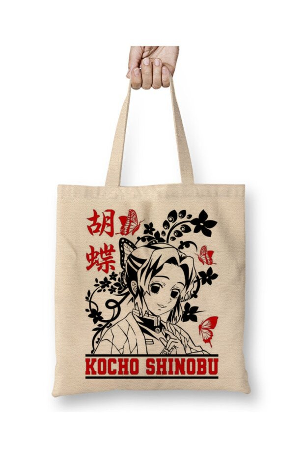 Demon Slayer Demon Slays Kochou Shinobu White Cloth Bag Long Handle Shopping Bag Beach Bag