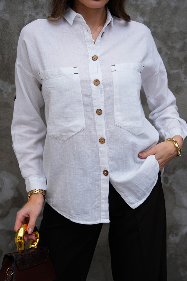Wooden Buttoned Folding Sleeve Double Pocket 75% Cotton 25% Linen Shirt
