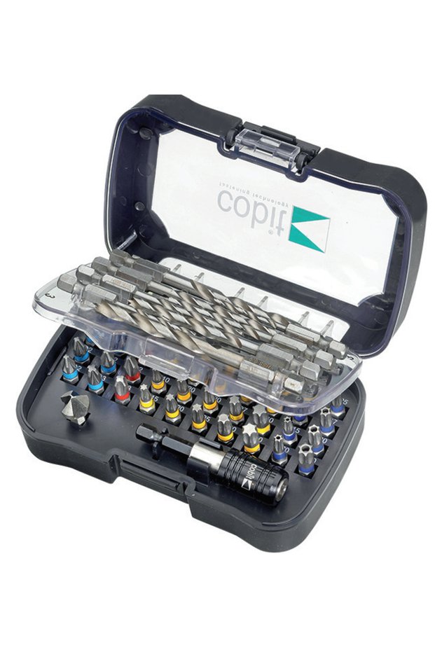 50-piece bit, drill and accessory kit with identification ring