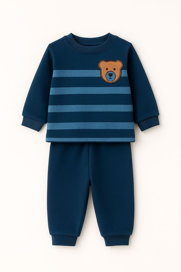 Striped Teddy Bear Printed Winter Unisex Fleece Baby Set Girl and Boy Baby Fleece 1-4 Years