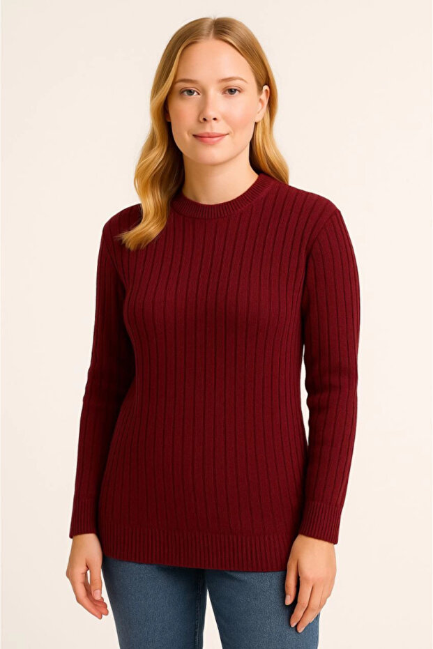 Women's Burgundy Bicycle Round Neck Knitwear Sweater Cotton Thick Twill, Regular Fit Long Sleeve Winter Model