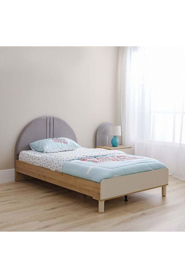 Zeta 120x200 Kids Bed with Upholstered Headboard & USB - Offwhite & Grey - Engineered Wood