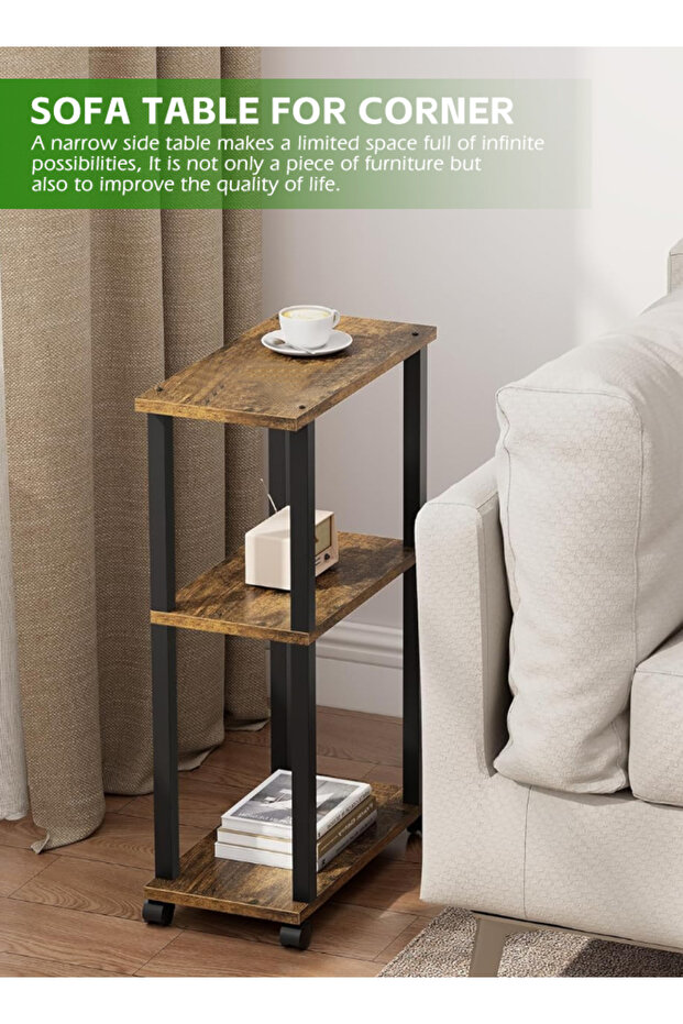 Side Table with Wheels Set of 2 End Table Nightstand with 2-Layer Storage Shelves for Living Room - 5