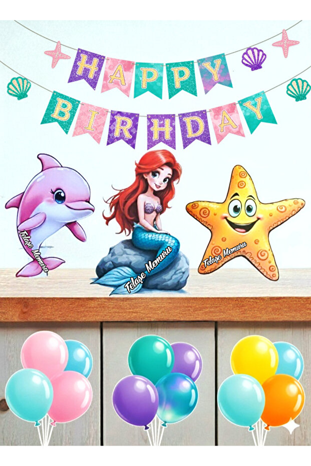 Mermaid Table Top Board Set (3 Pieces) Birthday Party and Cake Decoration Thick Paper Printing