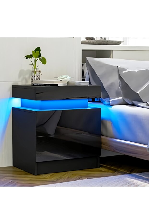 Nordic style LED bedside table, modern smart bedside table with two drawers, with USB port - 5