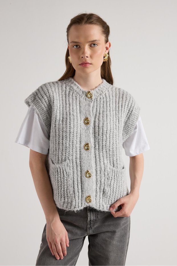 Women's Gray Hair Knitted Button Detailed Knitwear Vest 5584