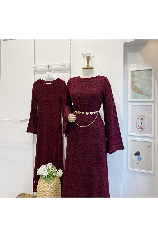Bordo Loops Örme Triko Elbise - 1