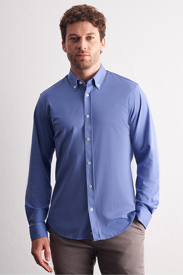 Blue Button Collar Knitted Long Sleeve Product Slim Fit Stretchy Shirt 1004255270