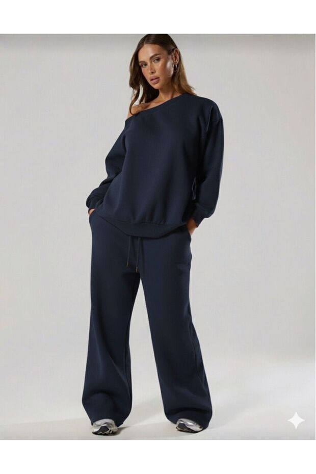 NEW SEASON Women's Oversized Off-The-Shoulder Two-Thread Fabric Top-and-Bottom Tracksuit Set (Without Fleece) 0052