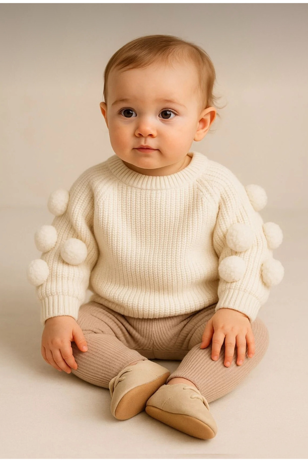 Pom-pom ecru knit sweater