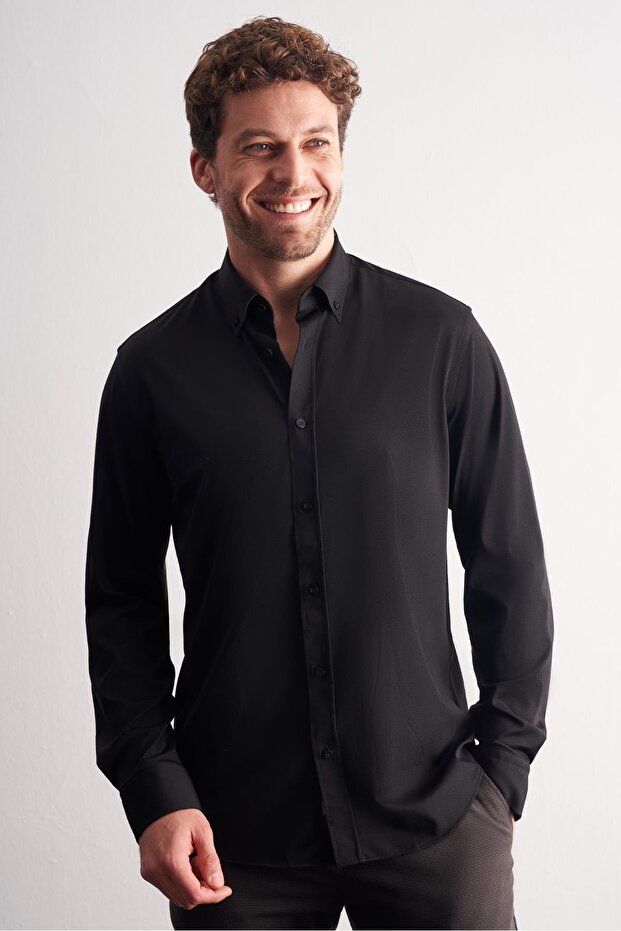 Black Buttoned Collar Knitted Long Sleeve Product Slim Fit Stretchy Shirt 1004255270
