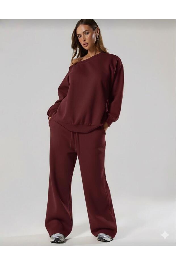 NEW SEASON Women's Oversized Off-The-Shoulder Two-Thread Fabric Top-and-Bottom Tracksuit Set (Without Fleece) 0052