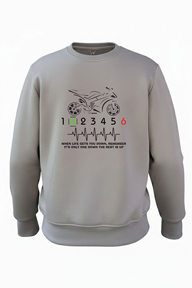 Motorcycle Gear Shifts Hearth Beat Pulse Printed Regular Fit 3İp Ş Fleece-Lined 100% Cotton Sweatshirt