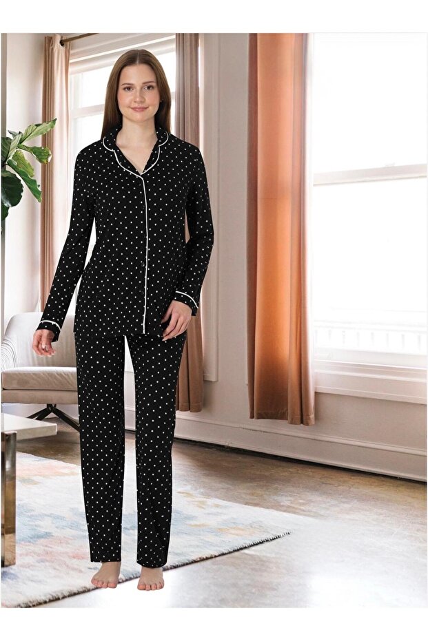 Women's Black Special Design Buttoned Front Polka Dot Long Sleeve Maternity Pajama Set Effortt