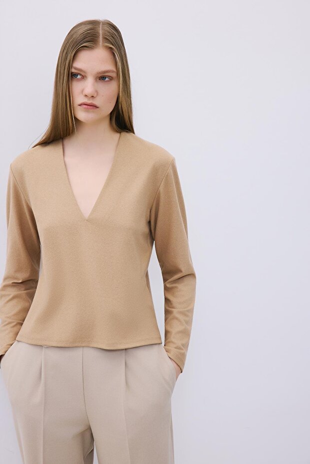 V Yaka Basic Camel Triko Bluz - 5