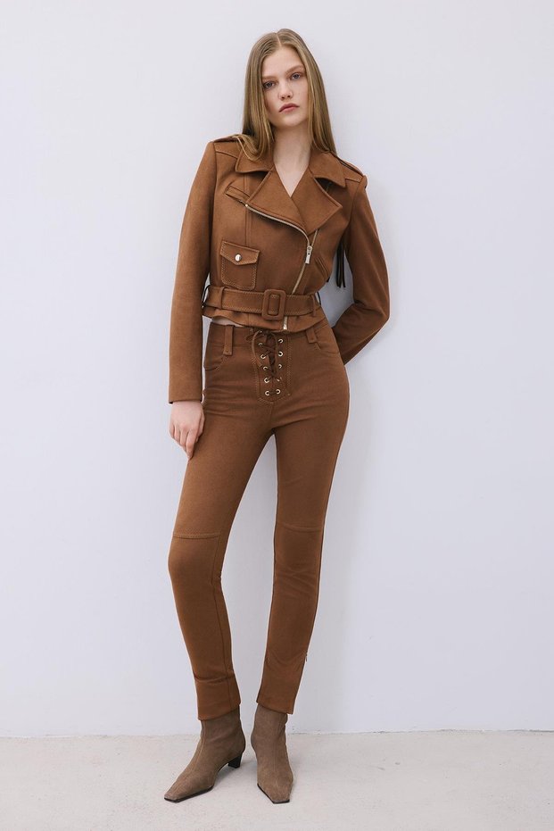 Gold Detailed Brown Biker Jacket