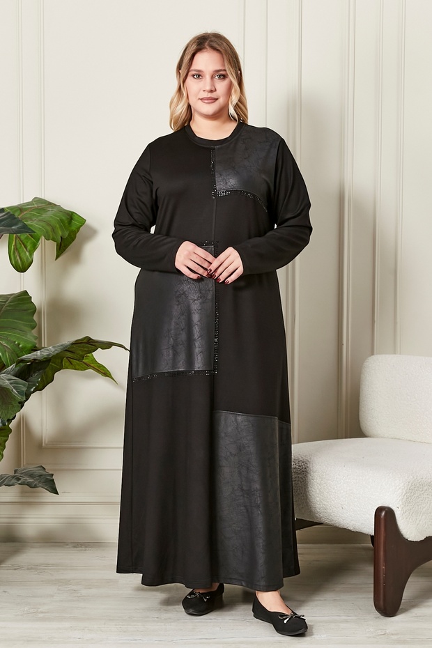 Women's Plus Size Leather Detailed Crystal Combed Cotton Dress