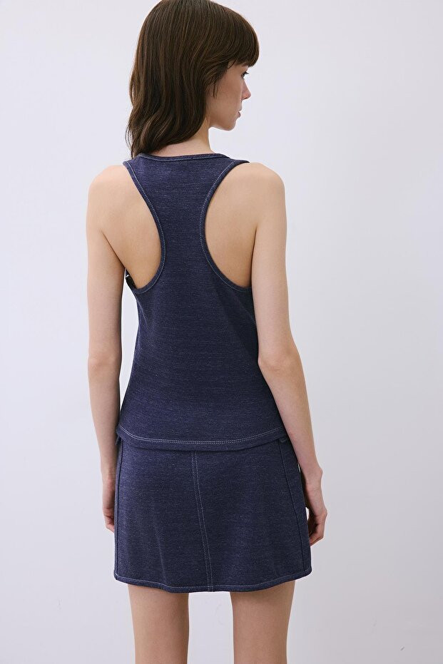 Kontrast Dikişli Basic İndigo Triko Bluz - 7