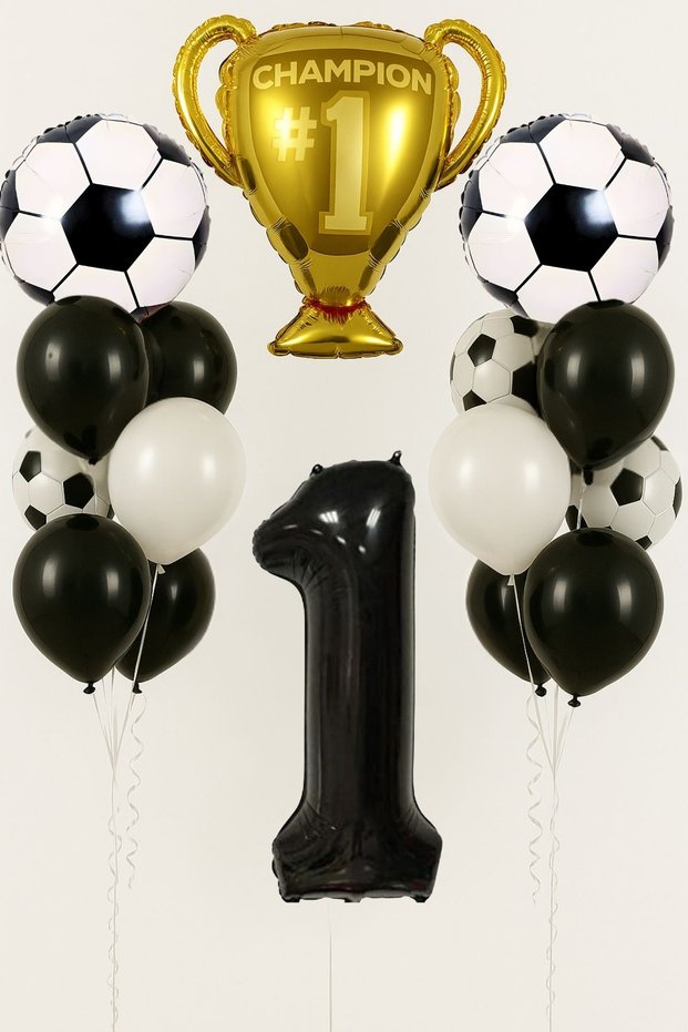 1 Year Old Black and White Football Themed Birthday Balloon Set Champion Football Player Concept