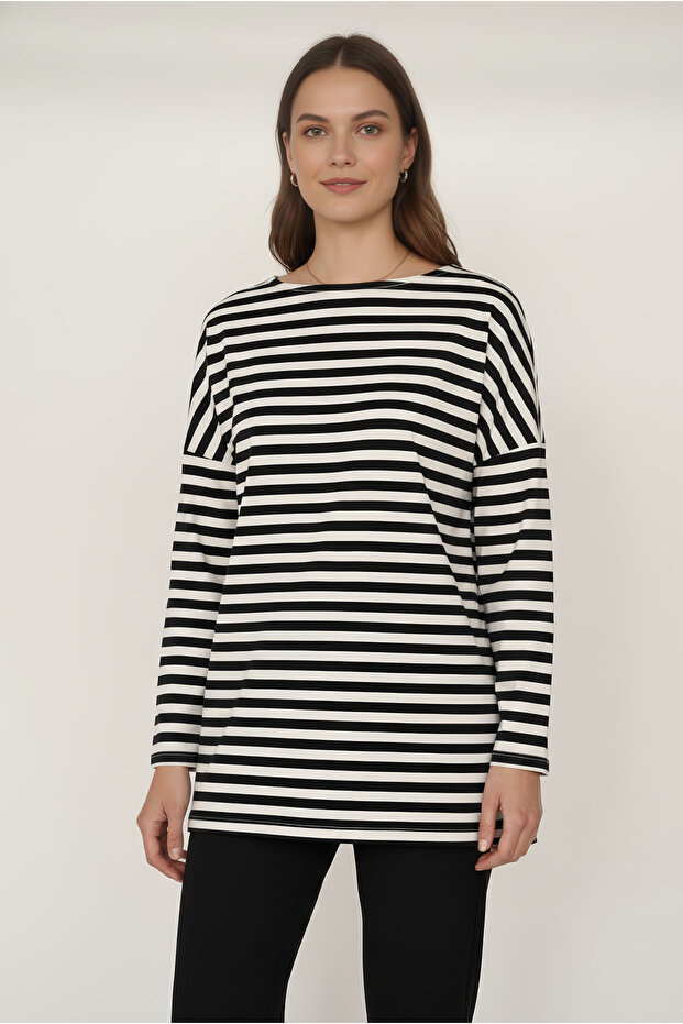 Striped Low Sleeve Women's Blouse - Cream-Dark Blue Thick Striped