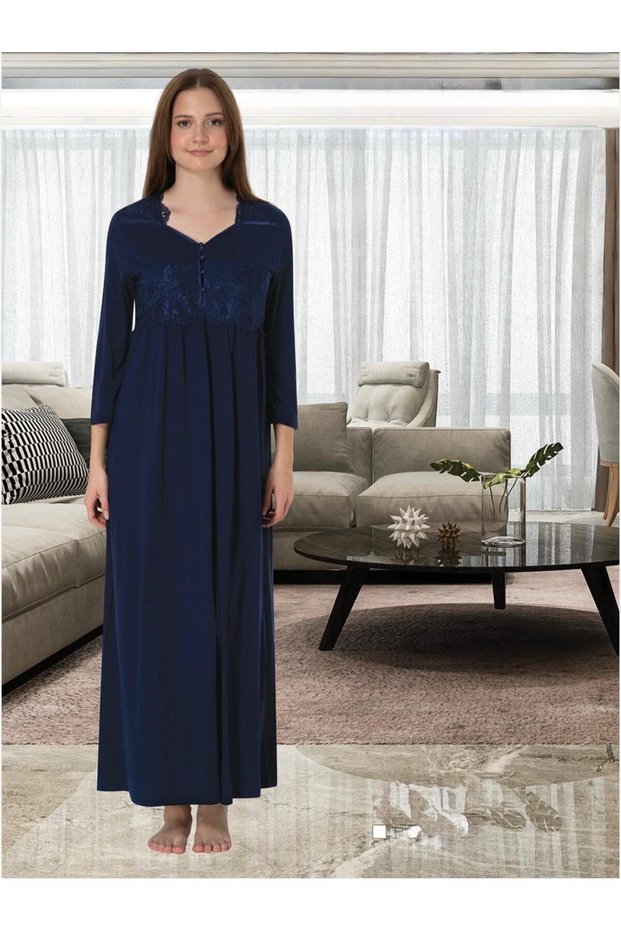 Women's Navy Blue Lace Detailed Stylish Design Half Sleeve Full Length Maternity Nightgown Effortt
