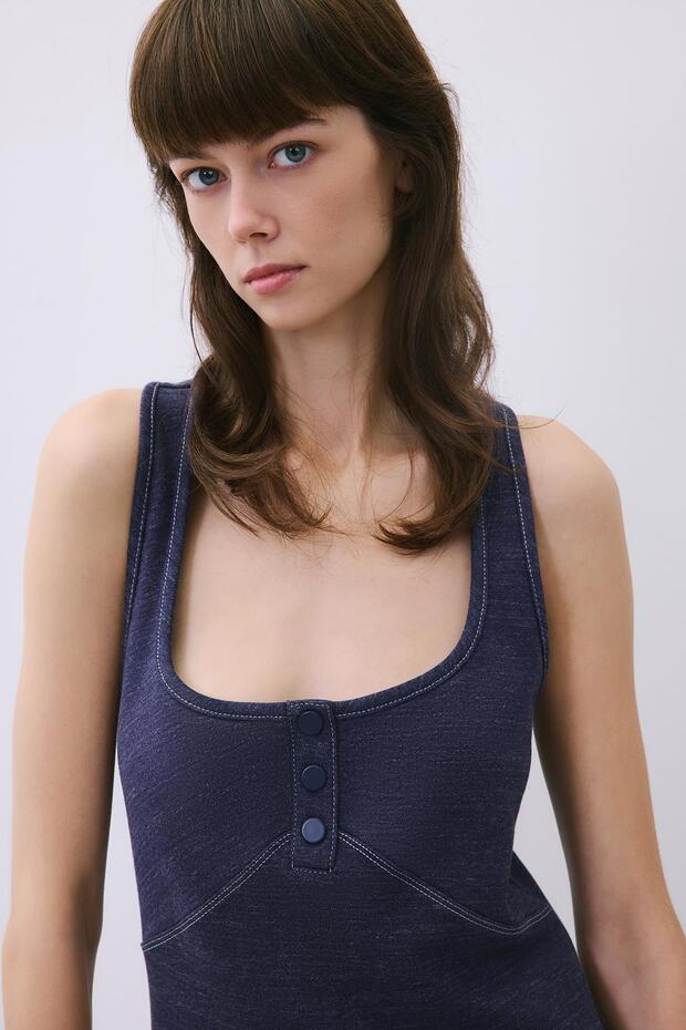 Kontrast Dikişli Basic İndigo Triko Bluz - 5