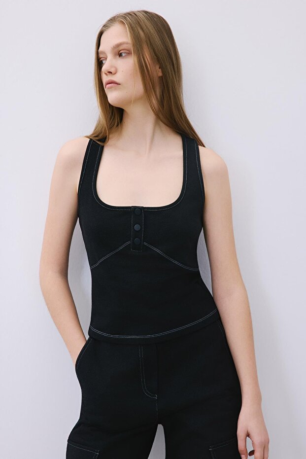 Kontrast Dikişli Basic Siyah Triko Bluz - 5