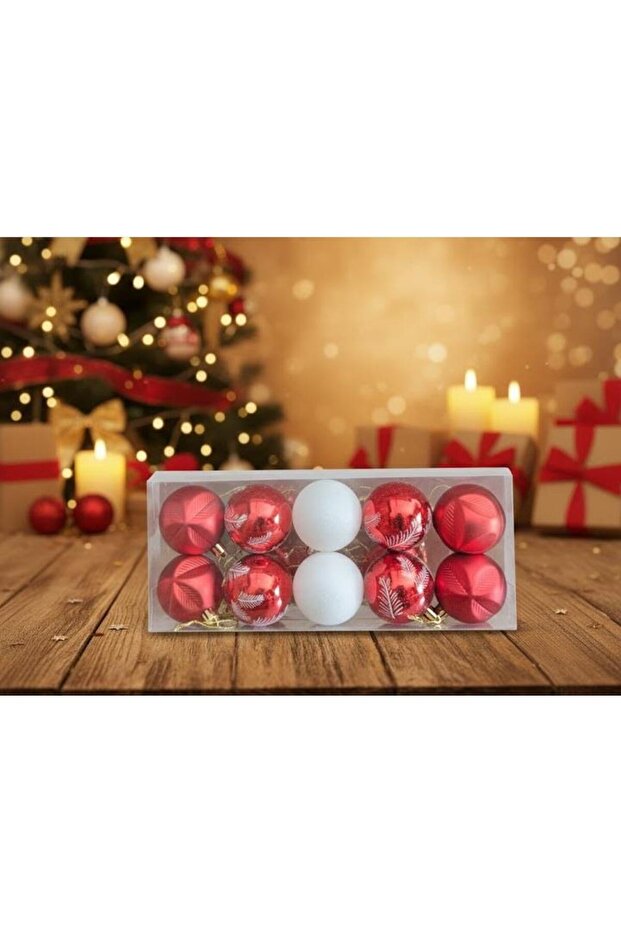 Ert-yil-25305 christmas ball red/white printed 6 cm 10 pieces in pvc box