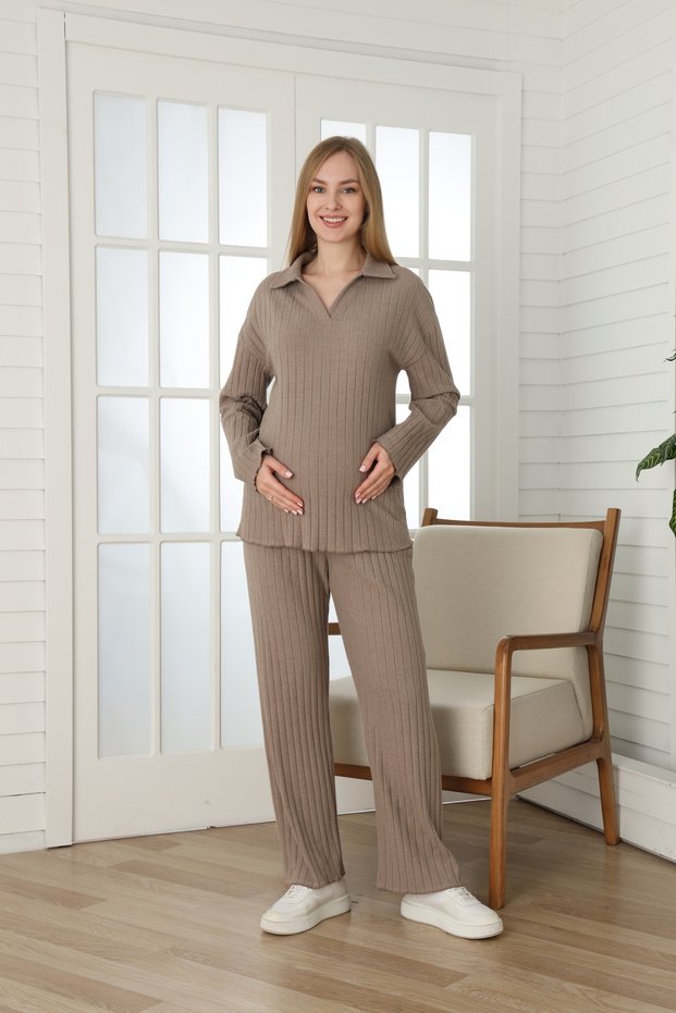 Knitwear Textured Adjustable Waist Detailed V-Neck Long Sleeve Comfortable Fit Maternity and Postpartum Tracksuit Set
