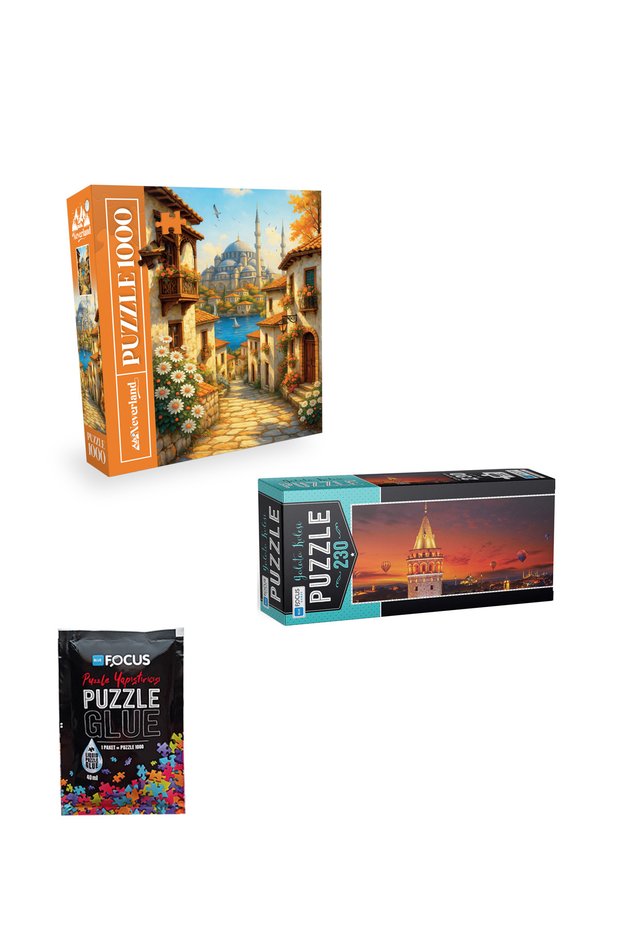 1000 Piece Puzzle Old Istanbul Street and 230 Piece Galata Tower and Puzzle Adhesive