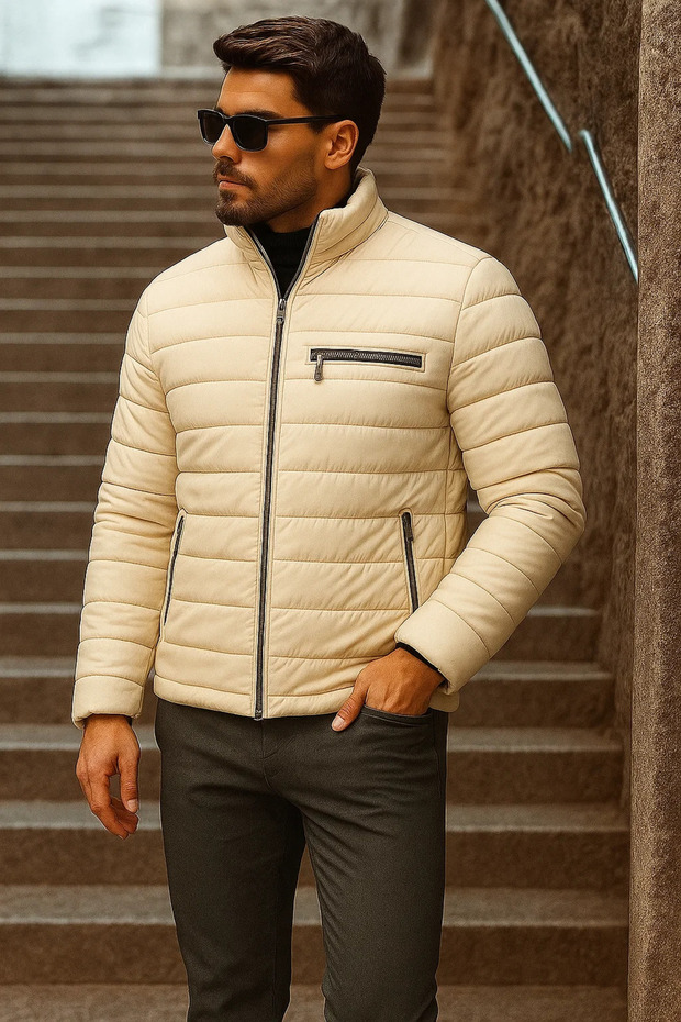 Erkek Kışlık Basic Dik Yaka Fermuarlı Krem Şişme Mont - 3