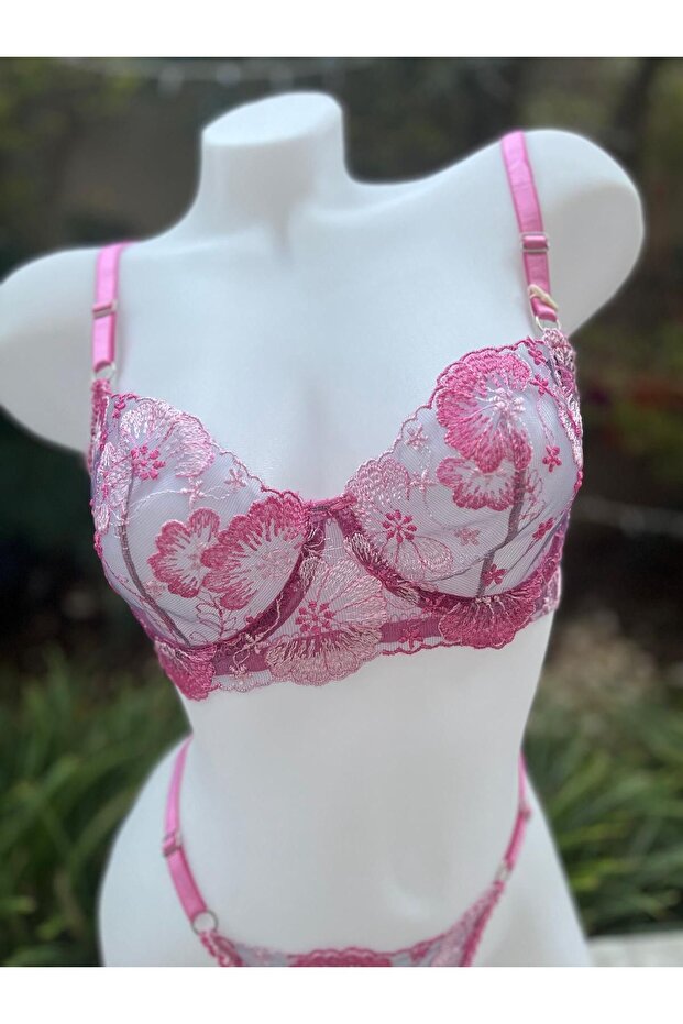 طقم ملابس داخلية شفافة بنمط وردي - 2