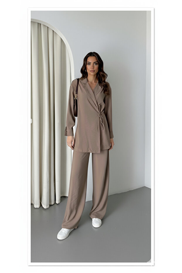 Dark Beige Collar Detailed Tie Kimono Set - 8459