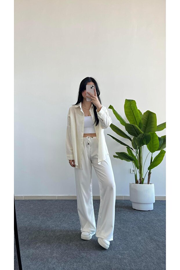 Yonca Keten Gömlek - Ekru - 3