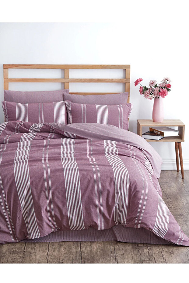 Double Natural Striped Duvet Cover Set Plum Organic (4 Pillowcases)