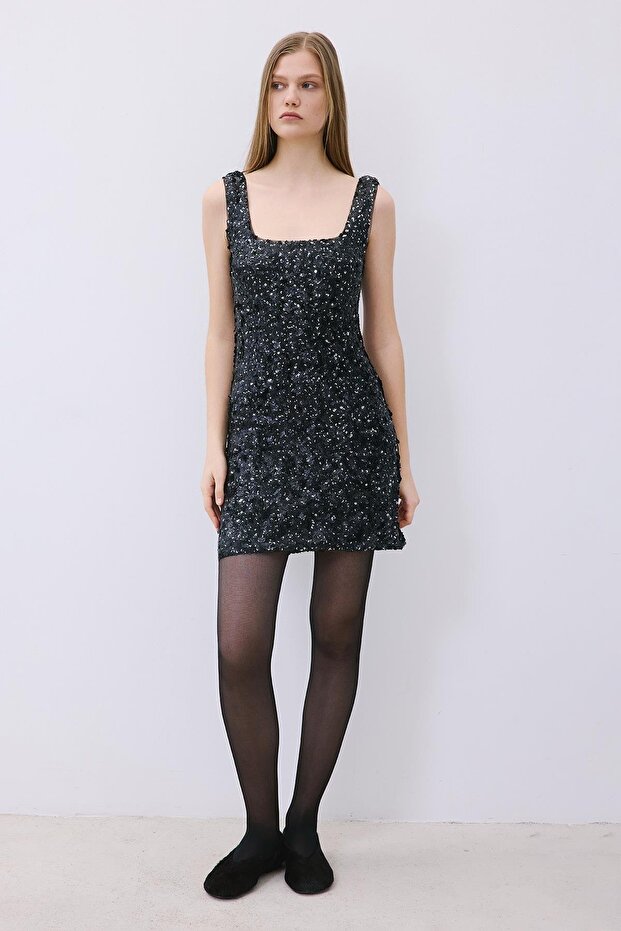 Askılı Payet Mini Siyah Elbise - 3