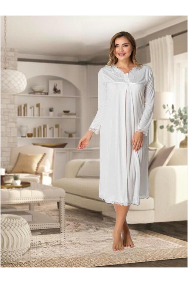 Women's Ecru Special Design Lace Detailed Stylish Maternity Nightgown