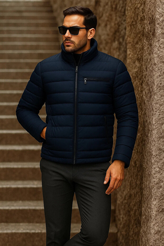 Men's Winter Basic Mock Neck Zippered Dark Blue Puffer Jacket - 4