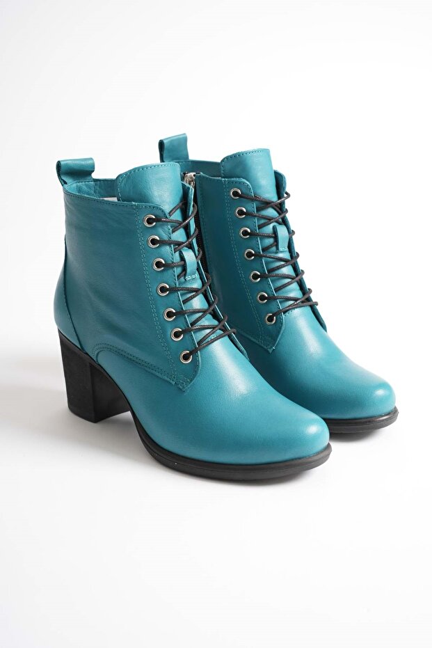Women's Genuine Leather Lace-Up Heeled Boots - Ocean Depths