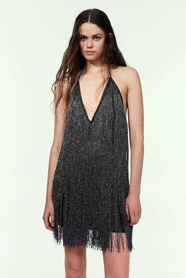 Halter yaka püsküllü kısa elbise - 3