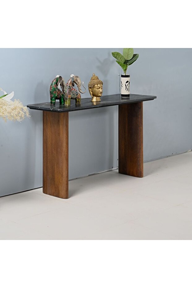 York Marble Top Console Table - Black/Walnut Solid Wood, 130x45x77cm, 2-Year Warranty, Made in India