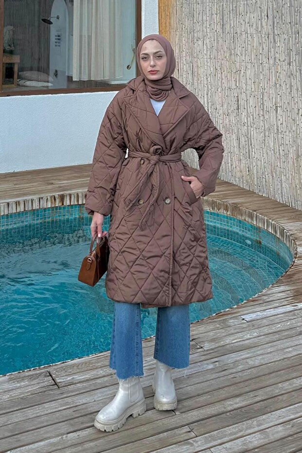 Jacket with Collar, Belted Waist, Quilted Coat, Bitter Brown