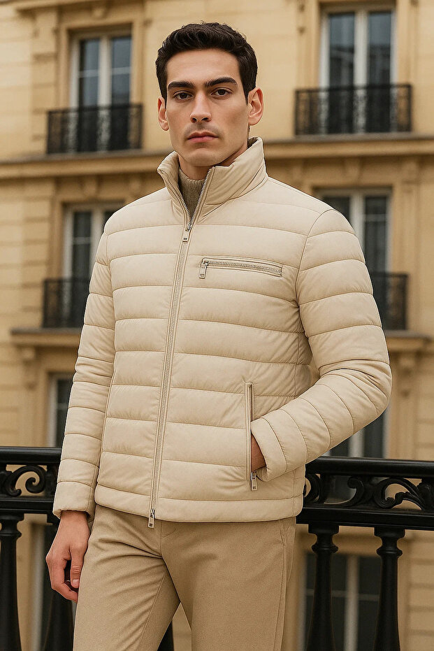 Erkek Trend Basic Dik Yaka Kışlık Krem Şişme Mont - 4